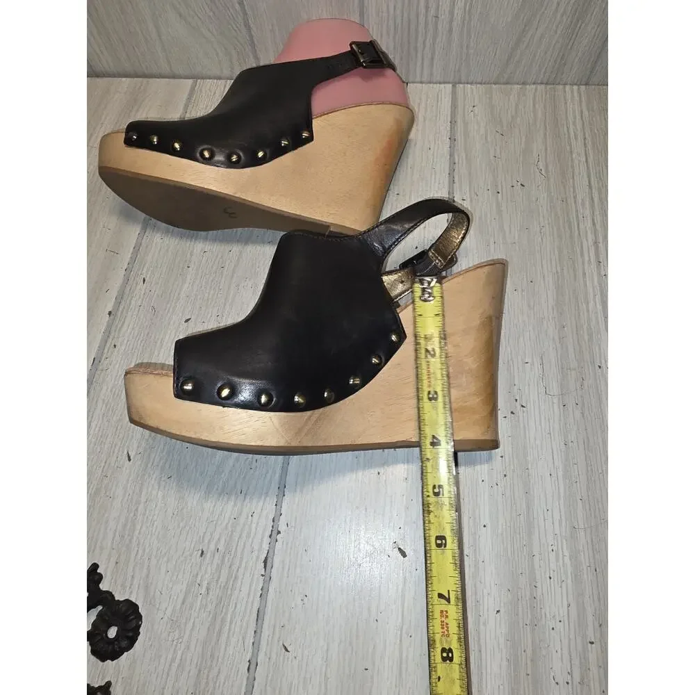 Sam Edelman CAMILLA Black Leather Sandals Wood Wedge Sling Heel Platform Read 9